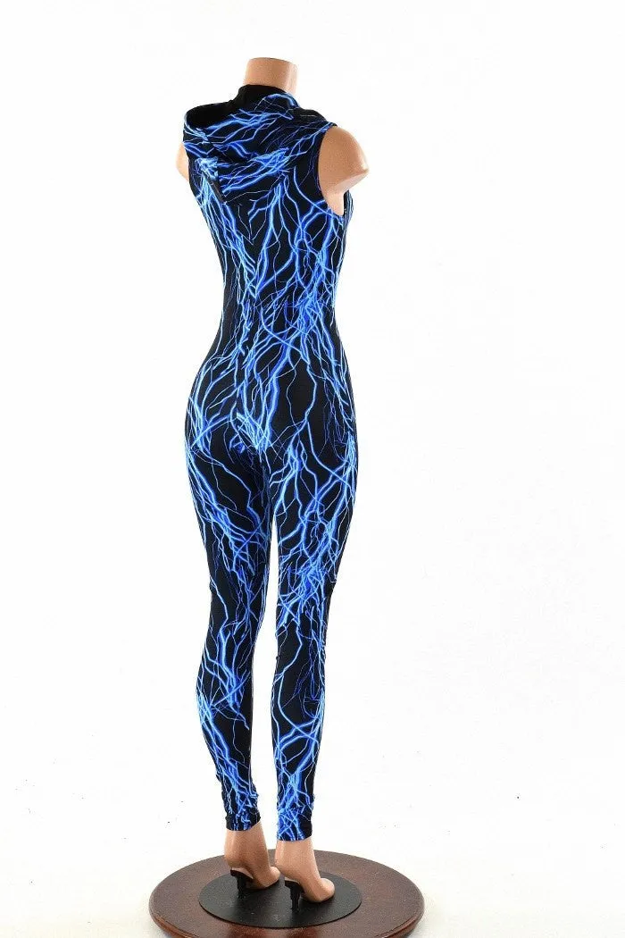 Blue Lightning Zipper Hoodie Catsuit