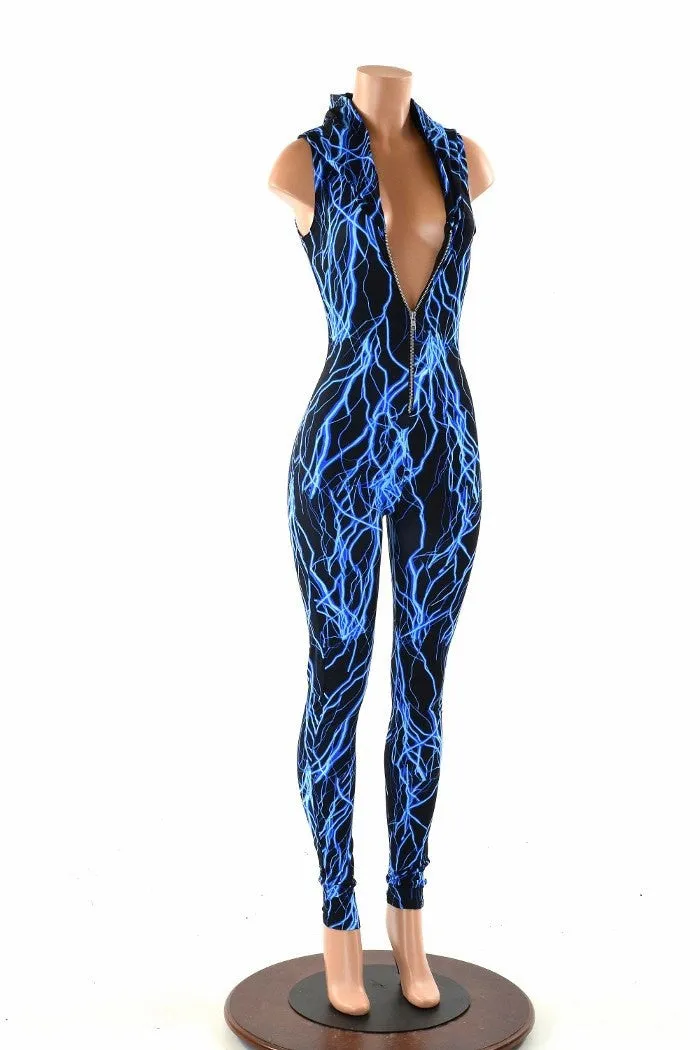 Blue Lightning Zipper Hoodie Catsuit