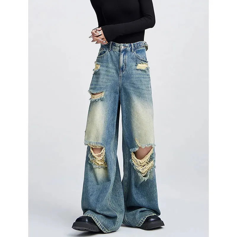 Blue Ripped Wide Leg Pants - Summer American Retro Style