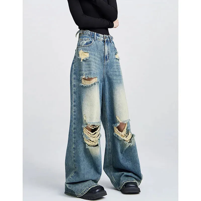 Blue Ripped Wide Leg Pants - Summer American Retro Style