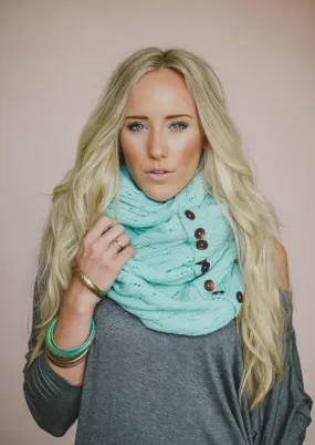 Boho Buttons Infinity Scarf Mint Chunky Soft Multiple Wood Button Winter Eternity Scarves