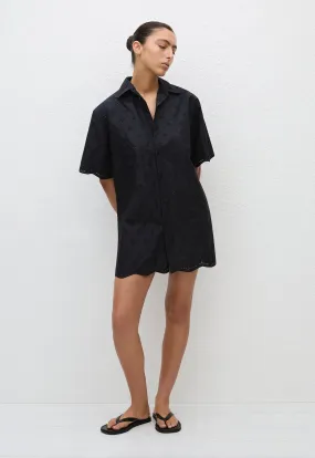 Broderie Mini Shirt Dress - Floral Broderie (Black)