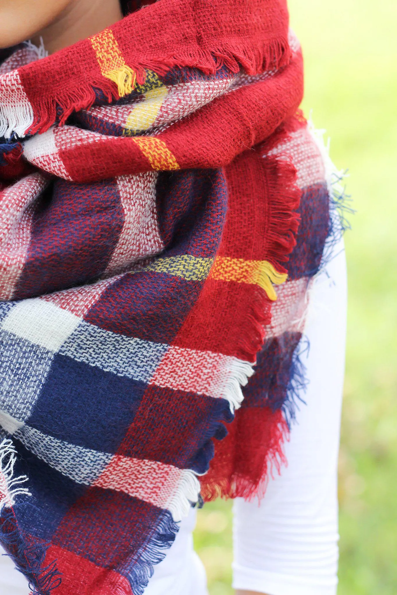 Burgundy Plaid Frayed Blanket Scarf