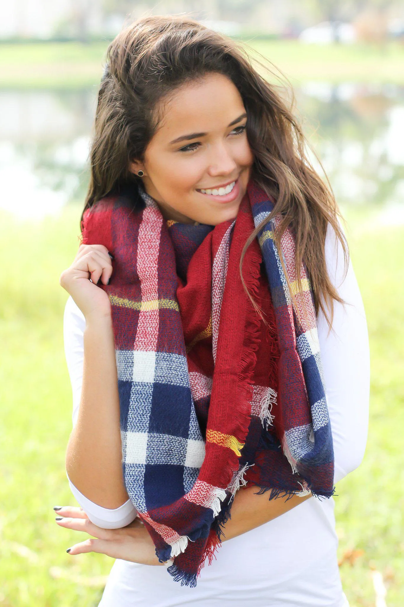 Burgundy Plaid Frayed Blanket Scarf