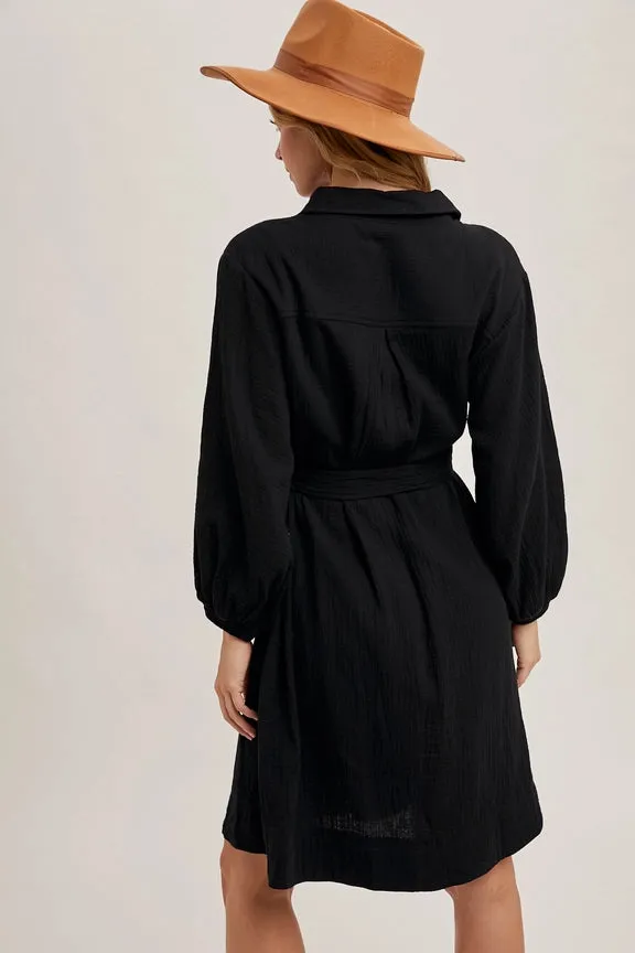 Button Down Tie Waist Shirt Midi Dress