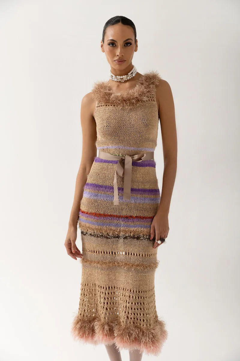 CAMILA BROWN MULTICOLOR HANDMADE KNIT DRESS