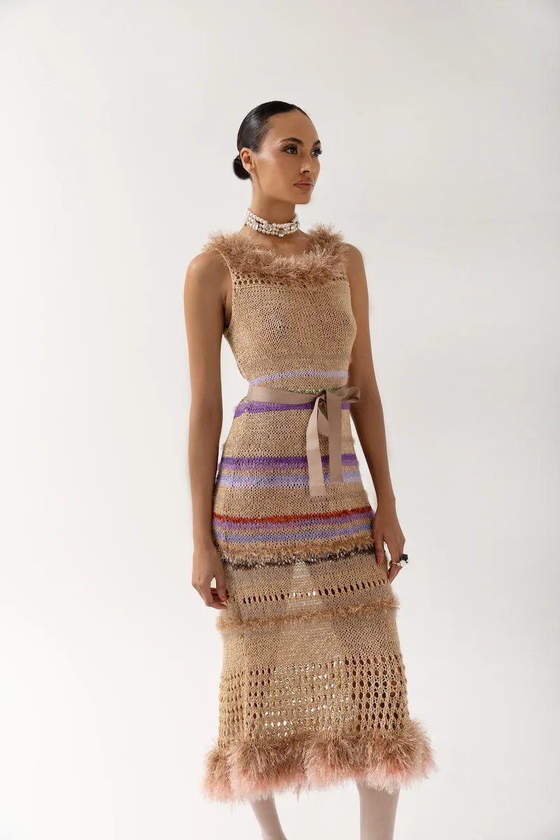 CAMILA BROWN MULTICOLOR HANDMADE KNIT DRESS