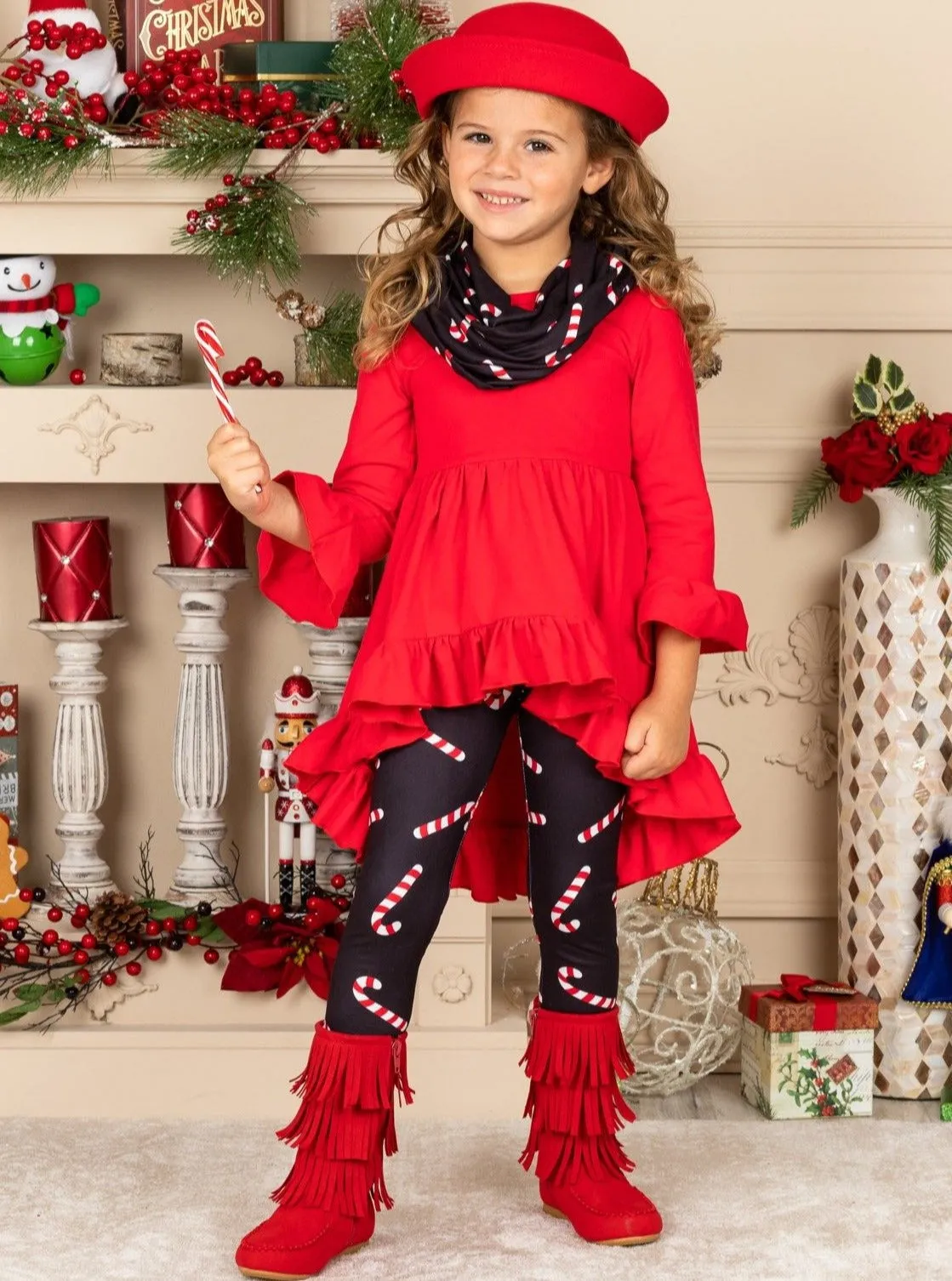 Candy Cane Cutie Tunic, Scarf, And Legging Set