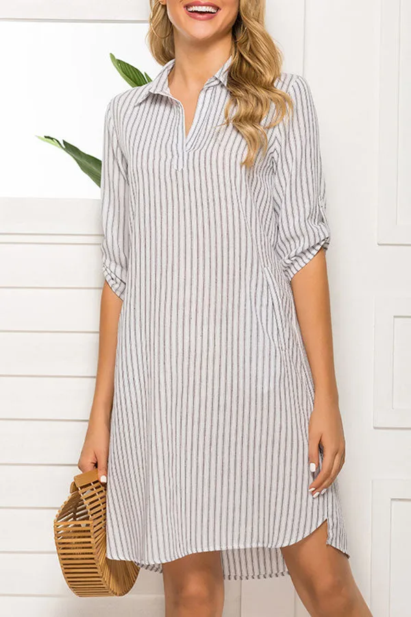 Casual Striped Pockets Shirt Dress