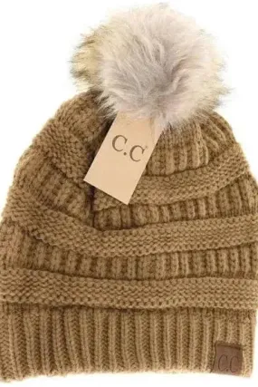 C.C. Metalic Faux Fur Pom Pom Beanie