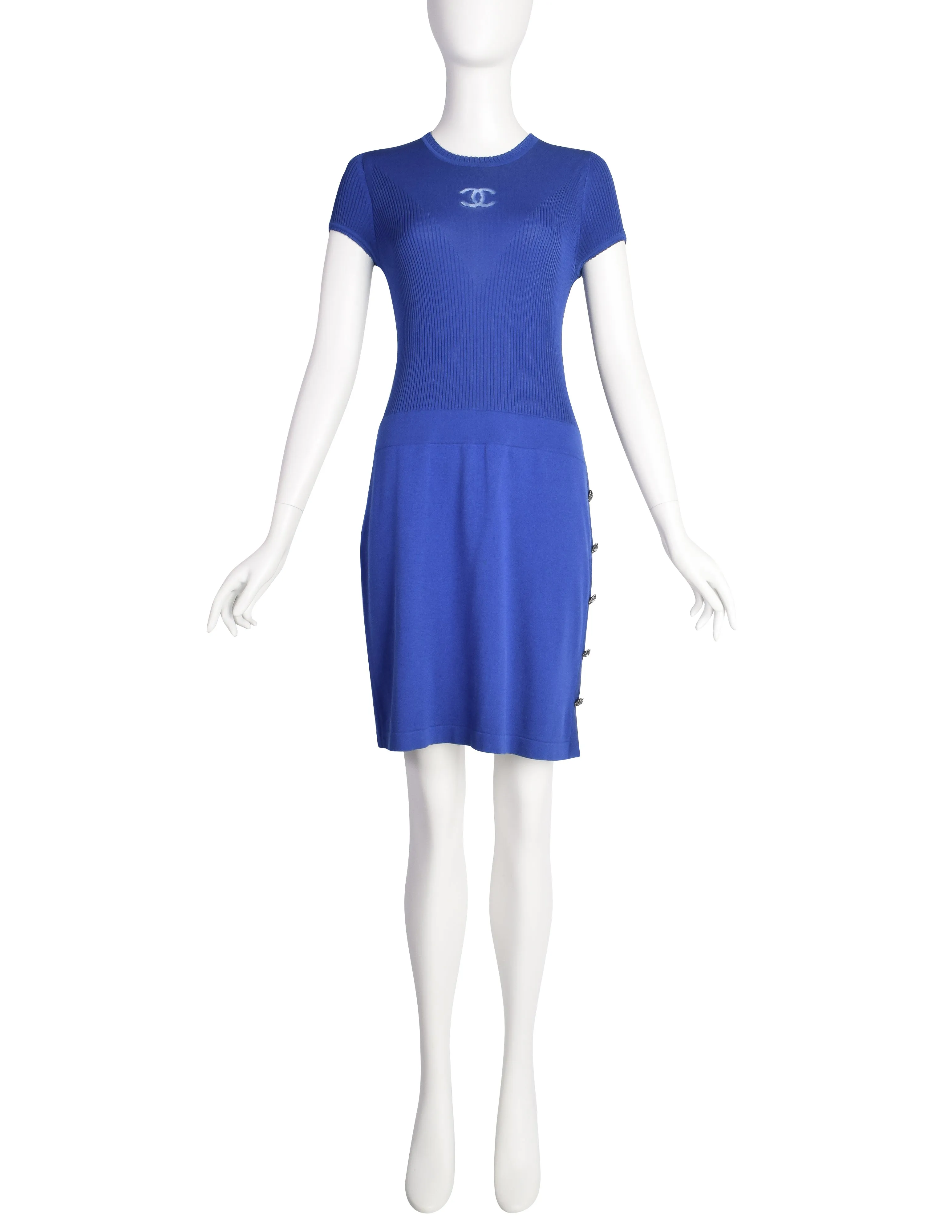 Chanel Vintage CC Logo Cobalt Blue Silk Cotton Knit Dress