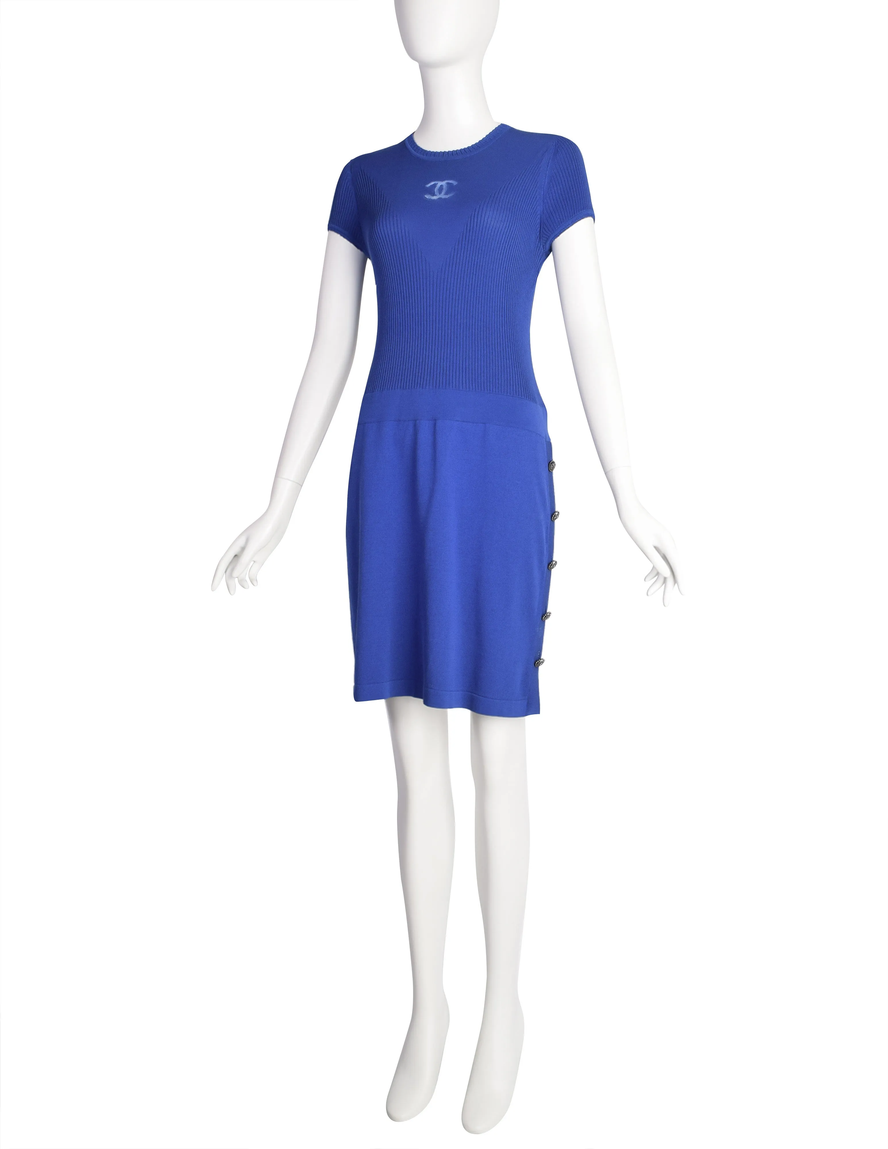 Chanel Vintage CC Logo Cobalt Blue Silk Cotton Knit Dress