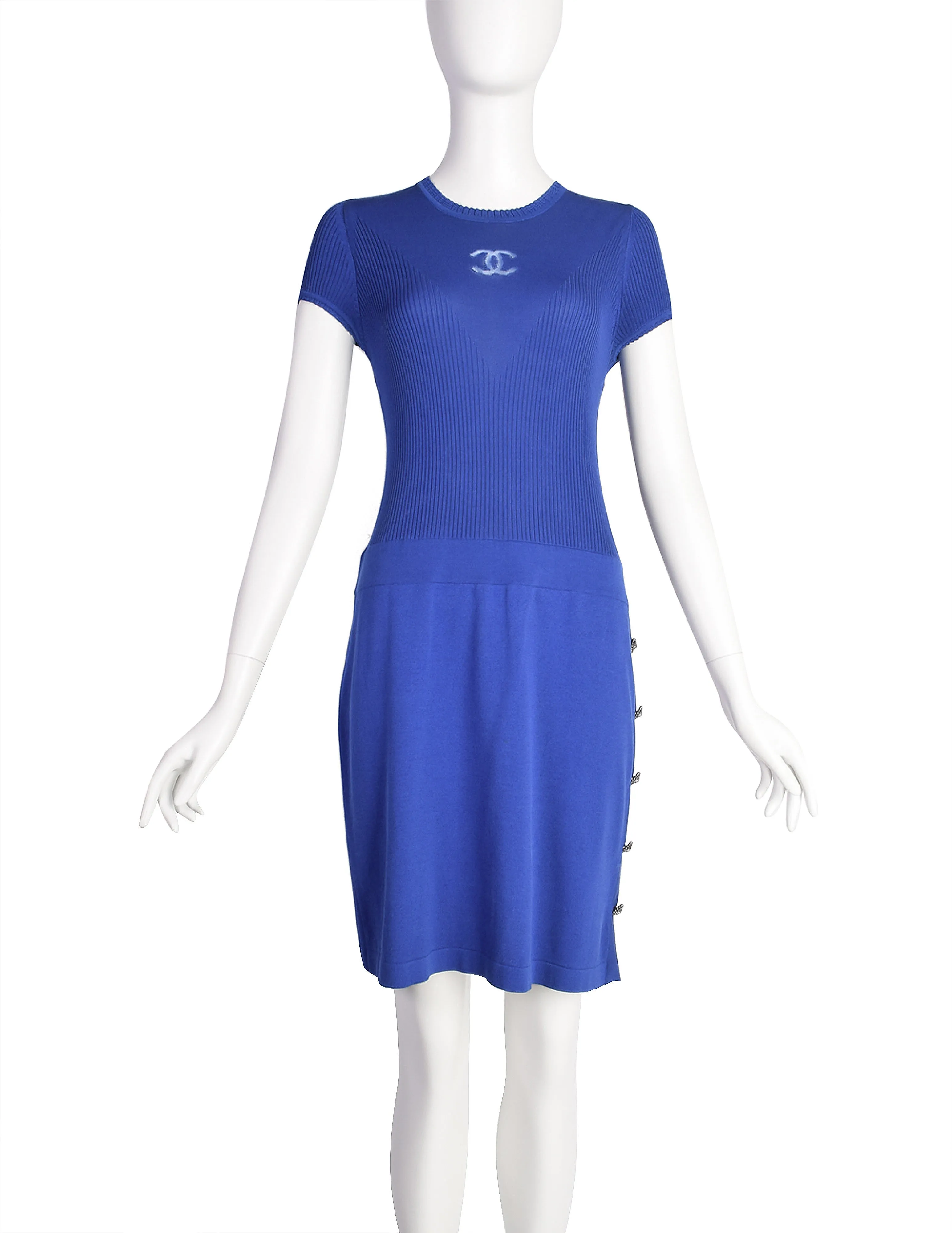 Chanel Vintage CC Logo Cobalt Blue Silk Cotton Knit Dress