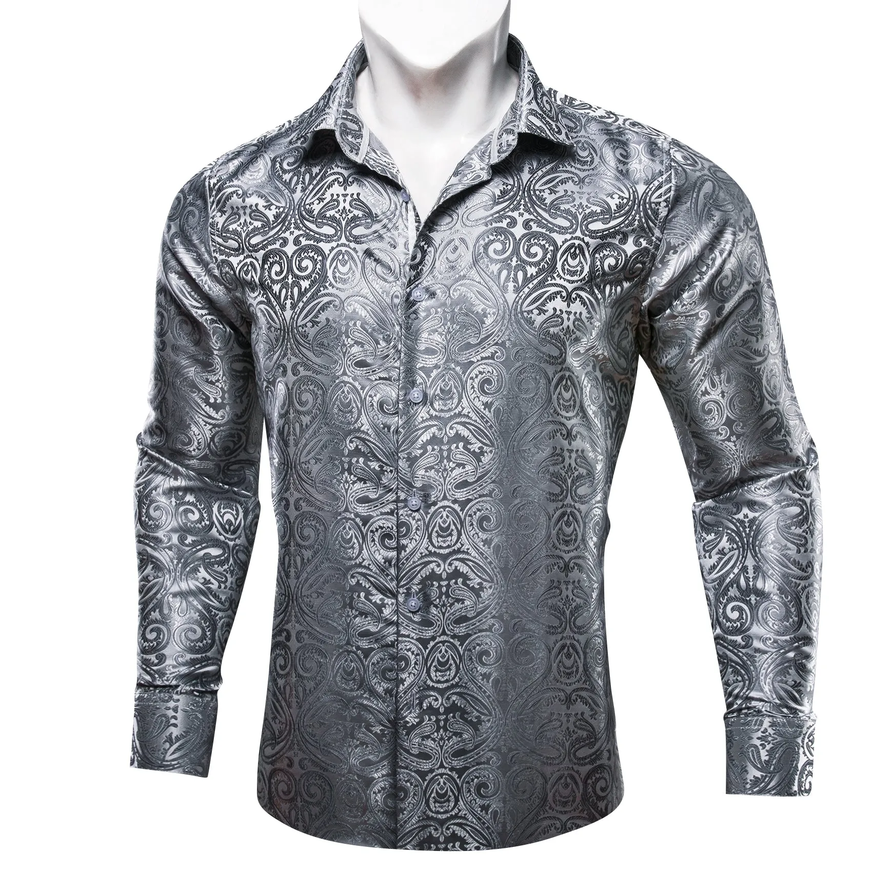 Classic Silver Grey Silk Men's Casual Business Long Sleeve Shirt