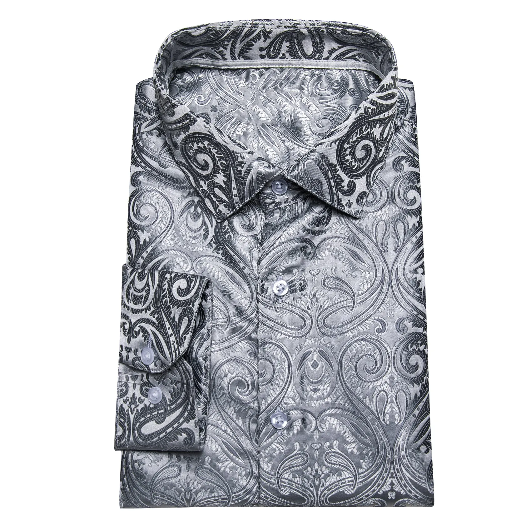 Classic Silver Grey Silk Men's Casual Business Long Sleeve Shirt