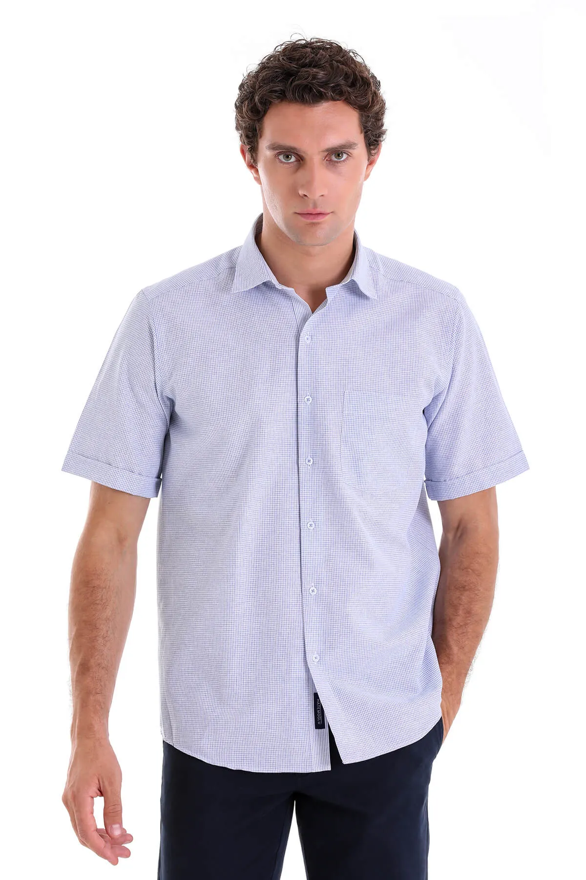 Comfort Fit Pin Check Cotton Blend Navy Dress Shirt