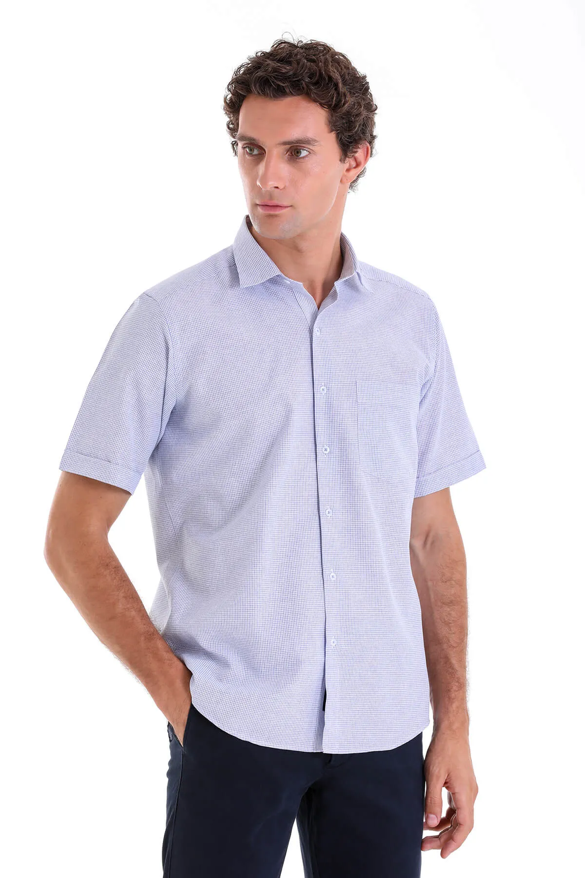 Comfort Fit Pin Check Cotton Blend Navy Dress Shirt