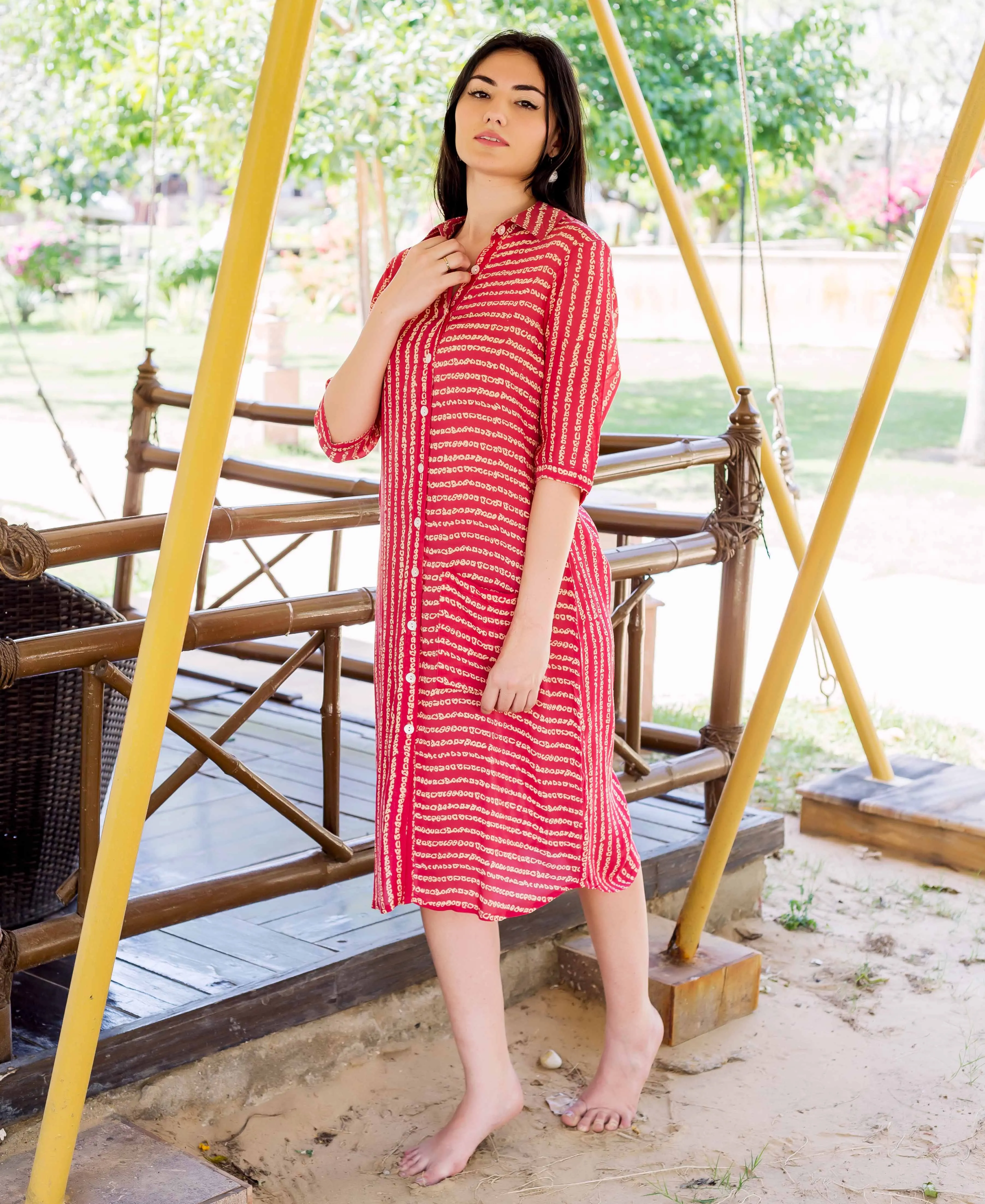 Coral Button Down Block Printed Dress