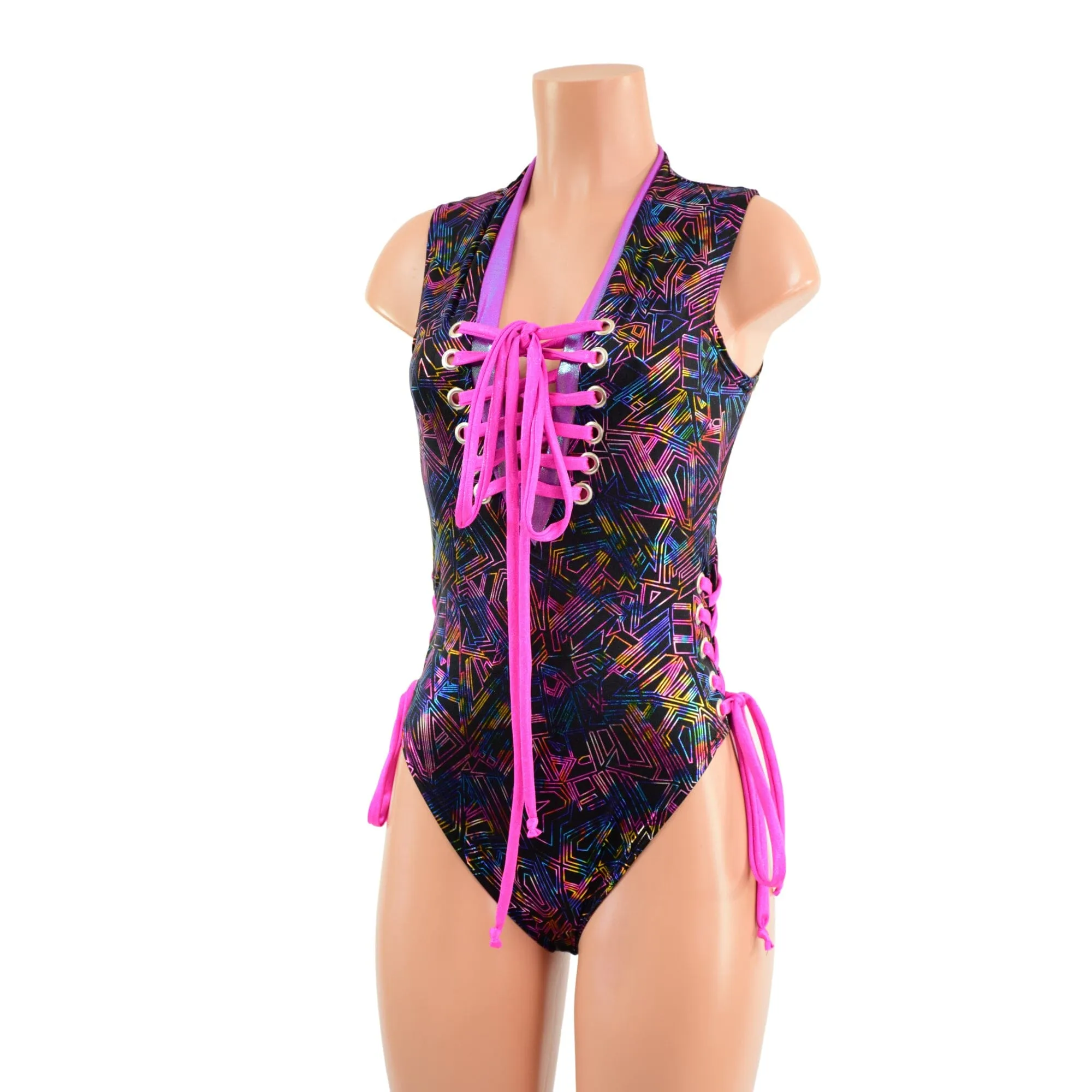 CyberSpace Lace Up Romper with Brazilian Cut Leg