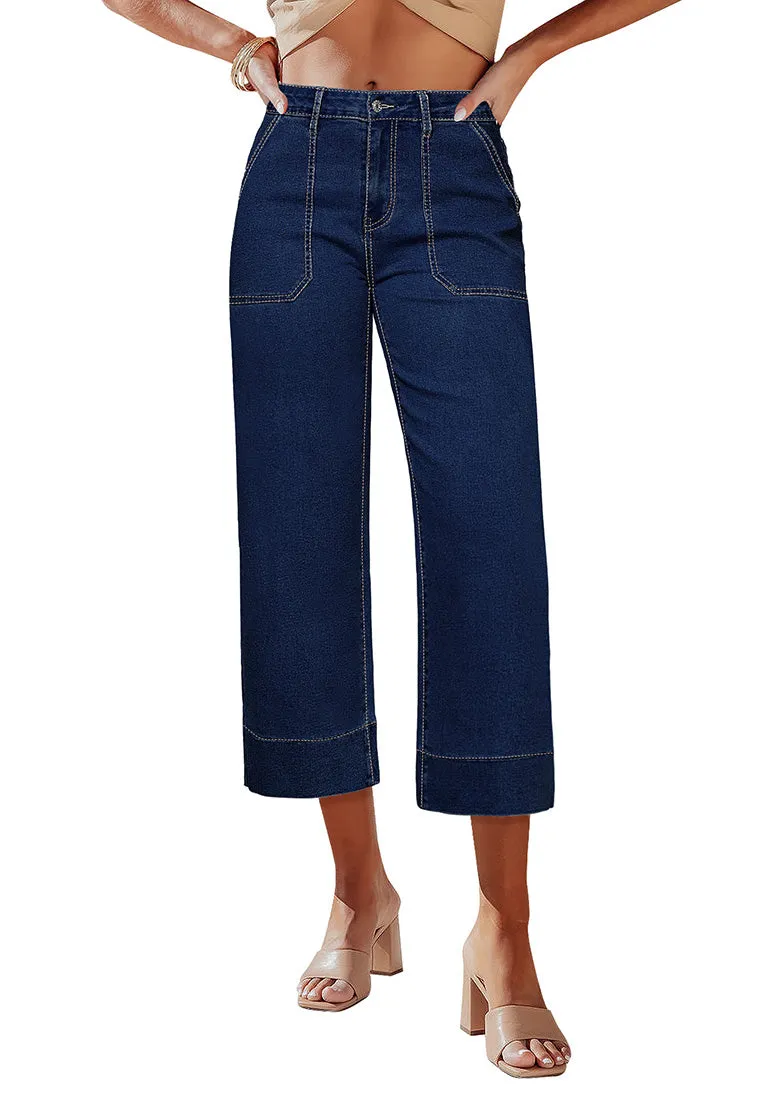 Dark Blue Women's Cropped High Rise Denim Pull On Retro Wide Leg Jeans