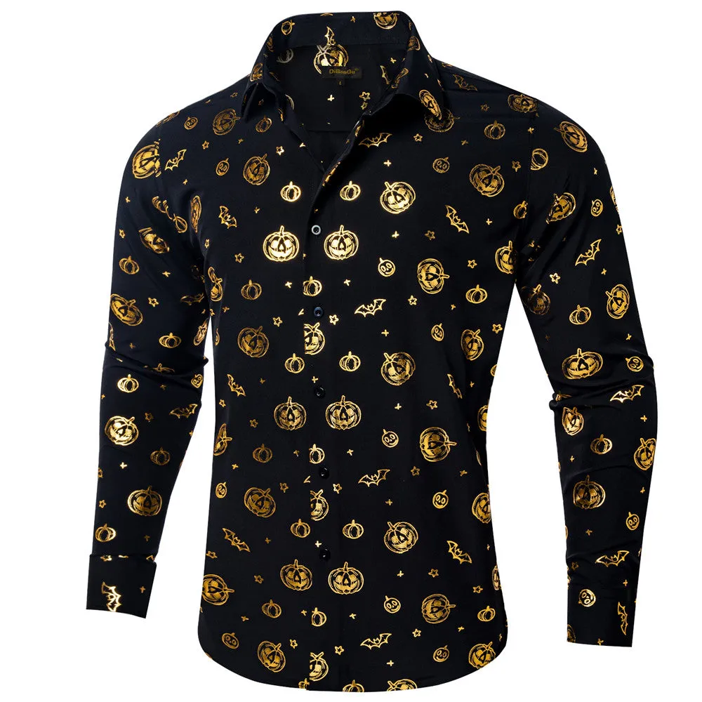 DiBanGu Black Gold Jack-o'-Lantern Stamping Button Up Long Sleeve Shirt for Men