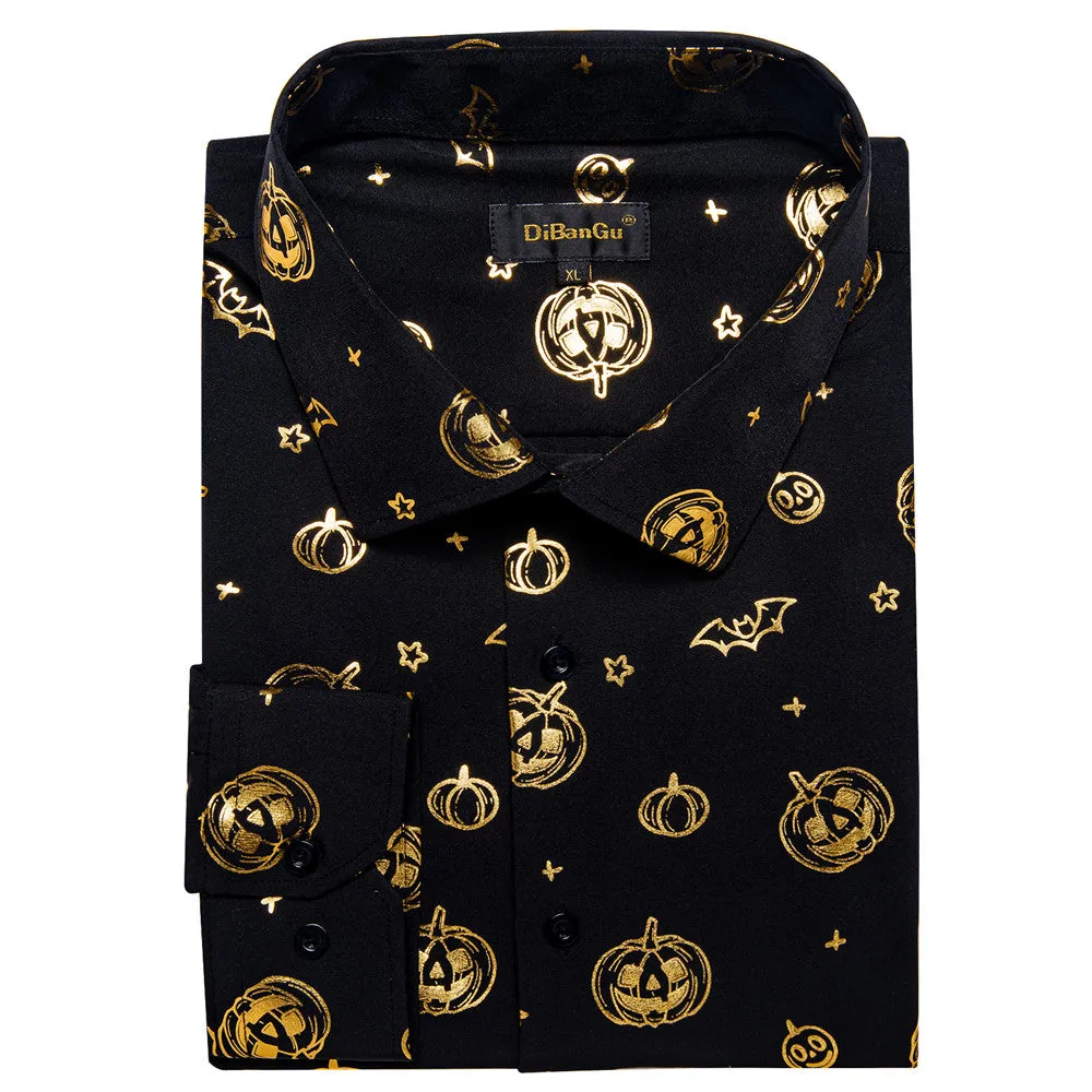 DiBanGu Black Gold Jack-o'-Lantern Stamping Button Up Long Sleeve Shirt for Men