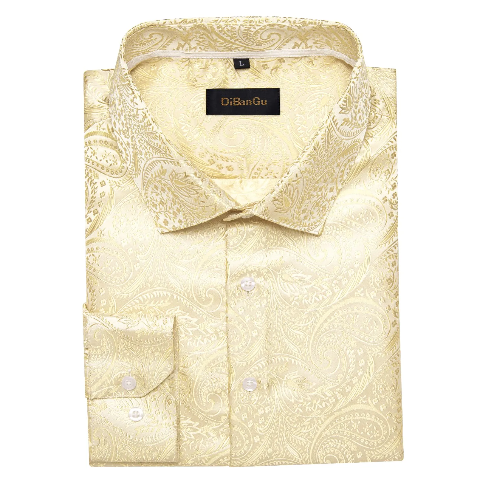 DiBanGu Collared Shirt Wheat Yellow Paisley Silk Button Down Long Sleeve Mens Shirt Dress