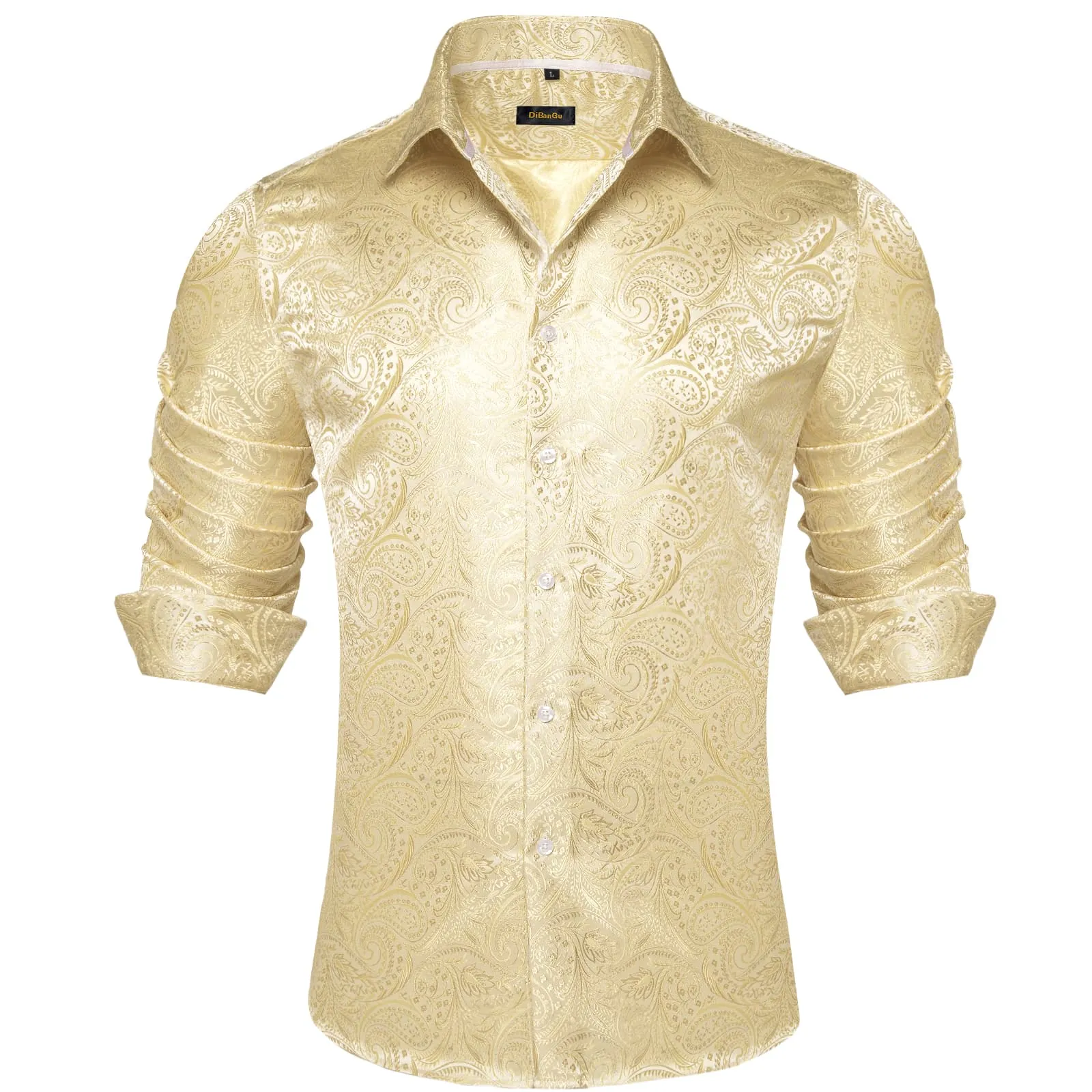 DiBanGu Collared Shirt Wheat Yellow Paisley Silk Button Down Long Sleeve Mens Shirt Dress