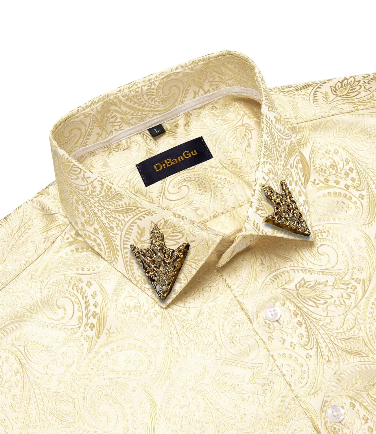 DiBanGu Collared Shirt Wheat Yellow Paisley Silk Button Down Long Sleeve Mens Shirt Dress