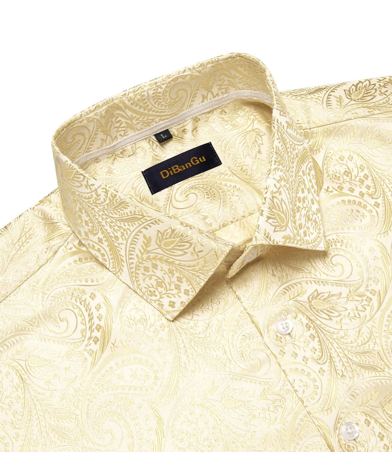 DiBanGu Collared Shirt Wheat Yellow Paisley Silk Button Down Long Sleeve Mens Shirt Dress