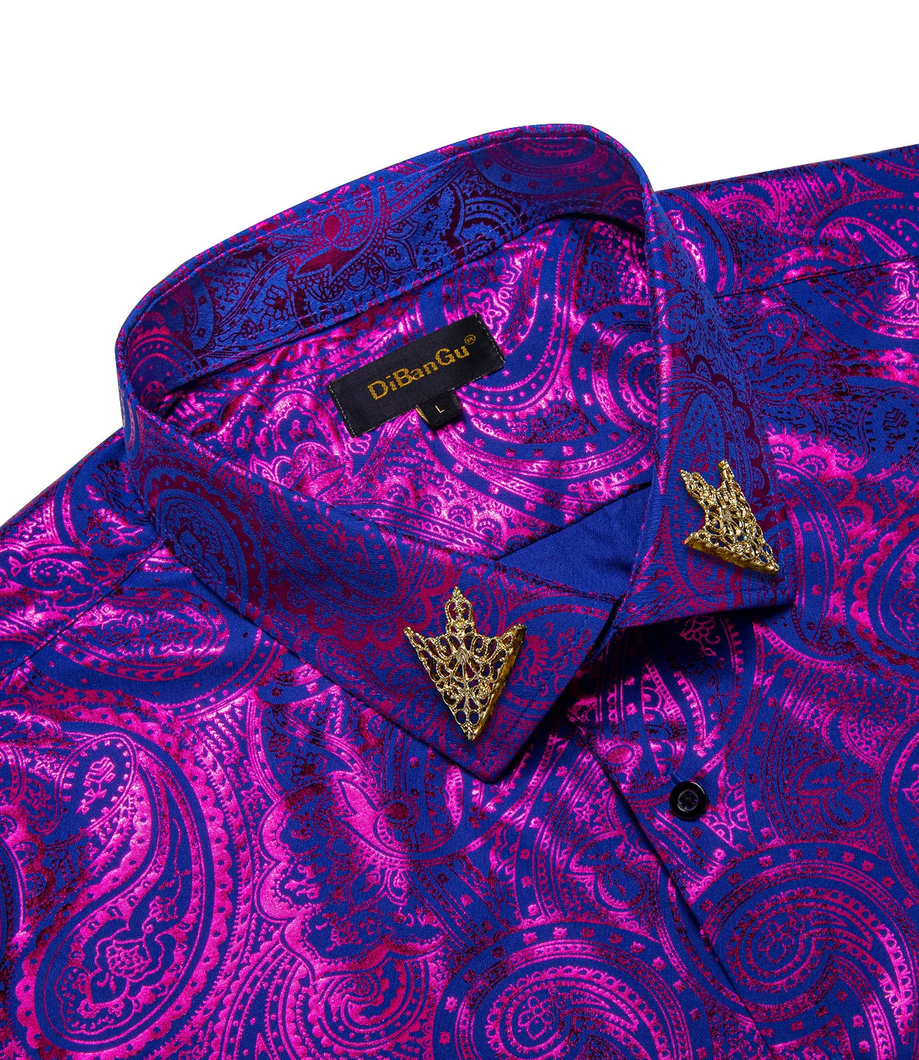 DiBanGu Deep Purple Blue Paisley Hot Stamping Button Up Long Sleeve Shirt for Men