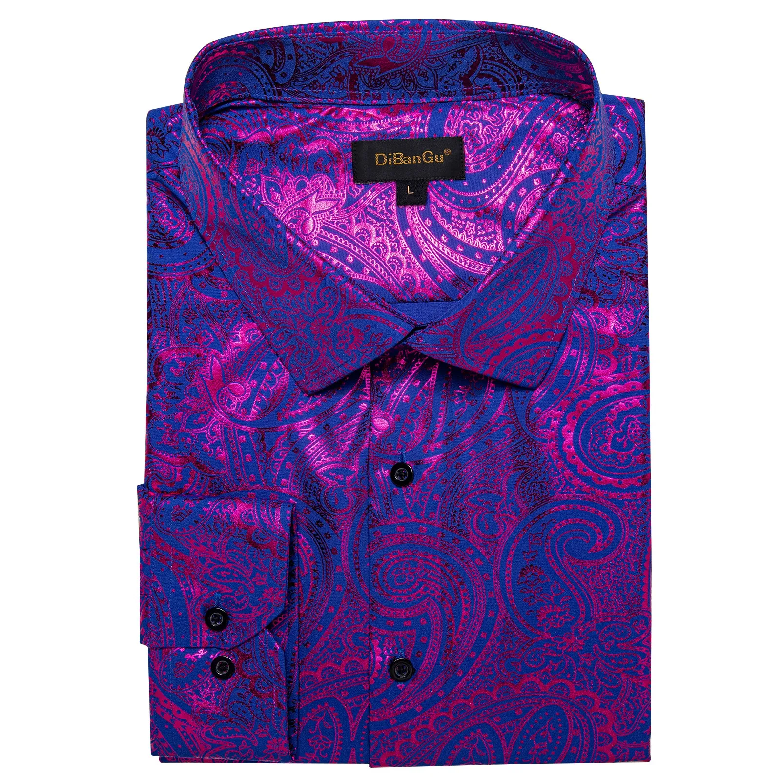 DiBanGu Deep Purple Blue Paisley Hot Stamping Button Up Long Sleeve Shirt for Men