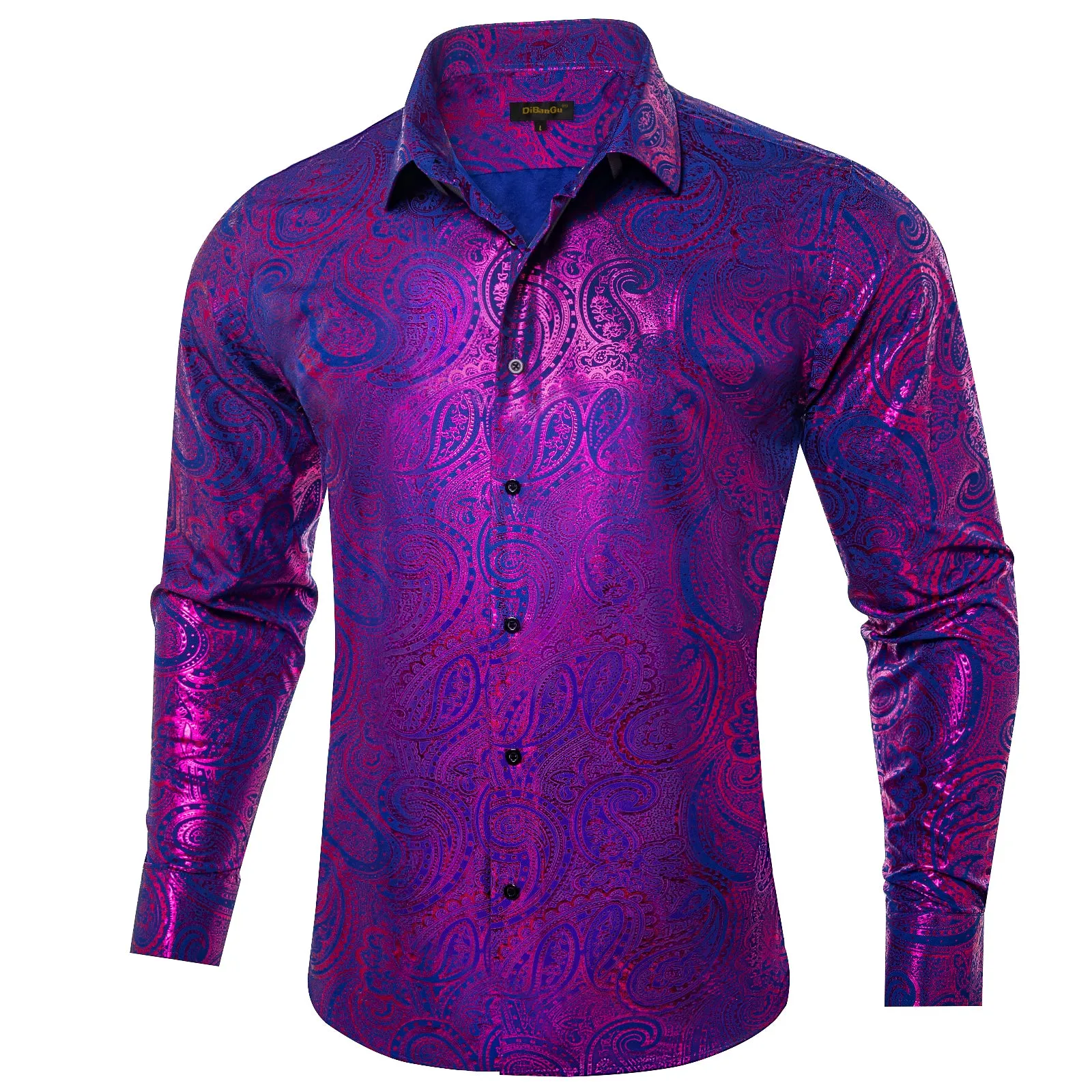 DiBanGu Deep Purple Blue Paisley Hot Stamping Button Up Long Sleeve Shirt for Men