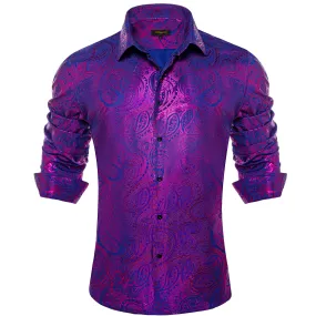 DiBanGu Deep Purple Blue Paisley Hot Stamping Button Up Long Sleeve Shirt for Men