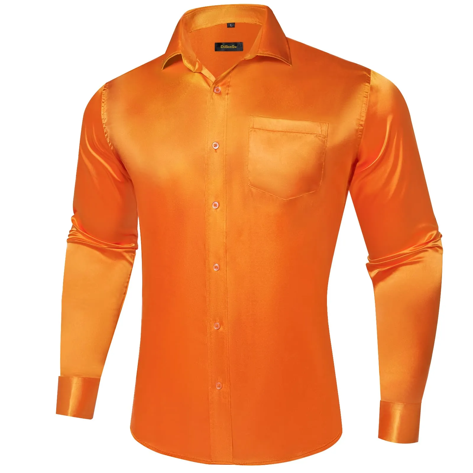 DiBanGu Long Sleeve Shirt Tiger Orange Solid Silk Satin Mens Dress Shirt