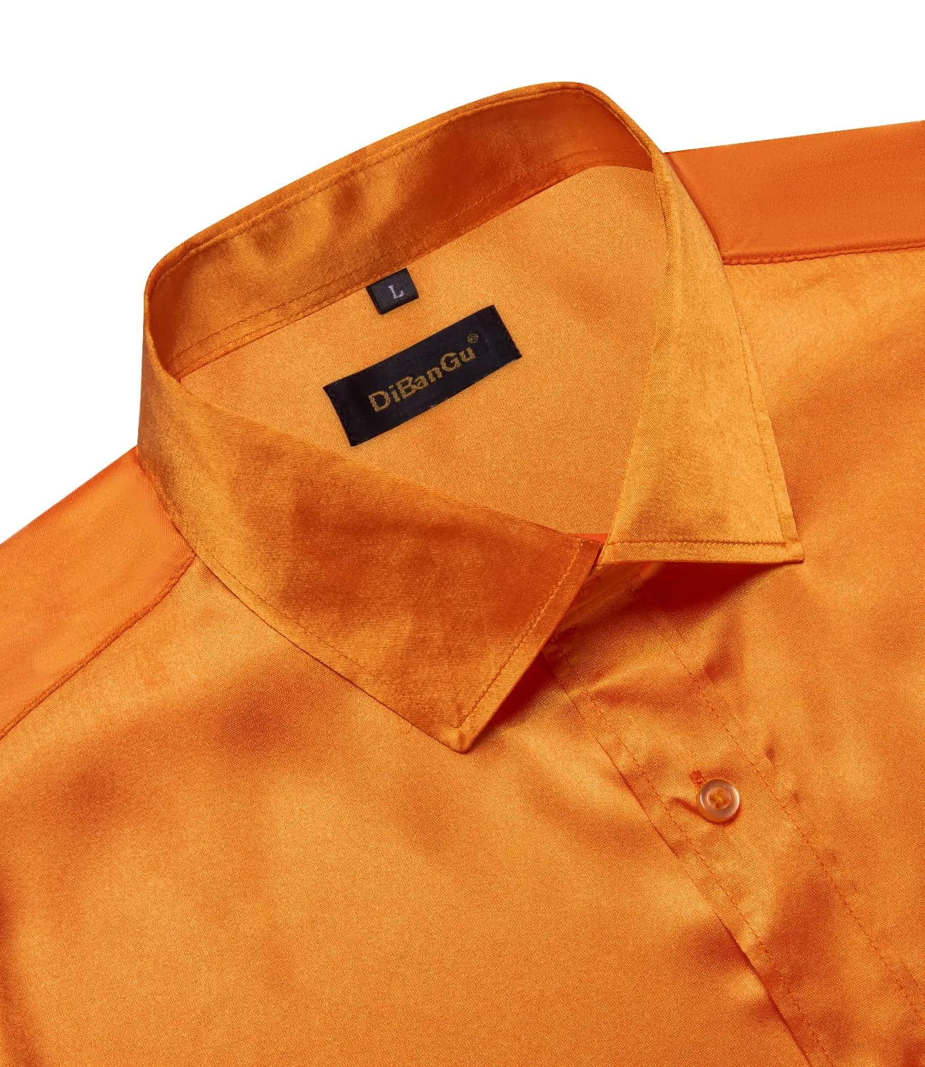 DiBanGu Long Sleeve Shirt Tiger Orange Solid Silk Satin Mens Dress Shirt