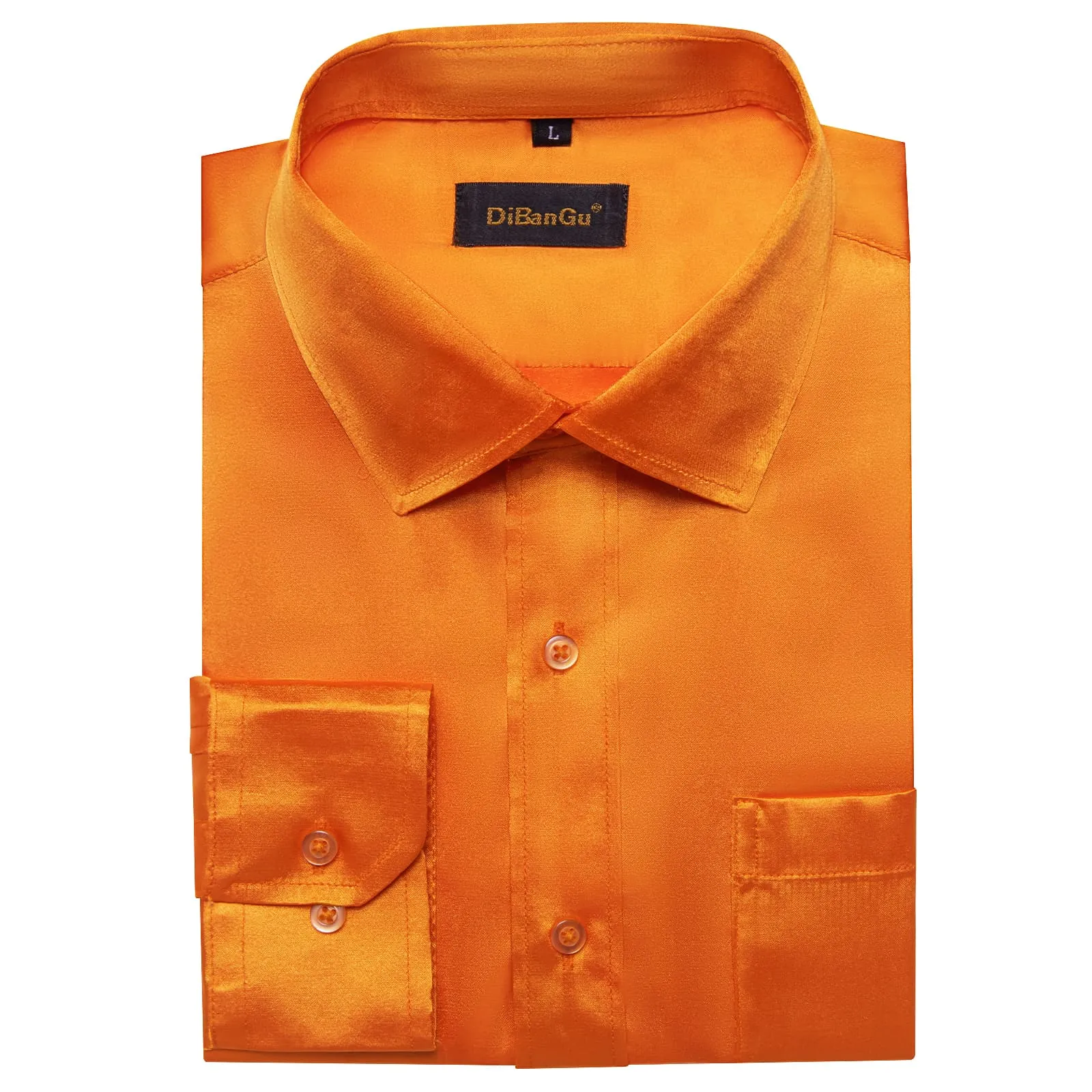 DiBanGu Long Sleeve Shirt Tiger Orange Solid Silk Satin Mens Dress Shirt