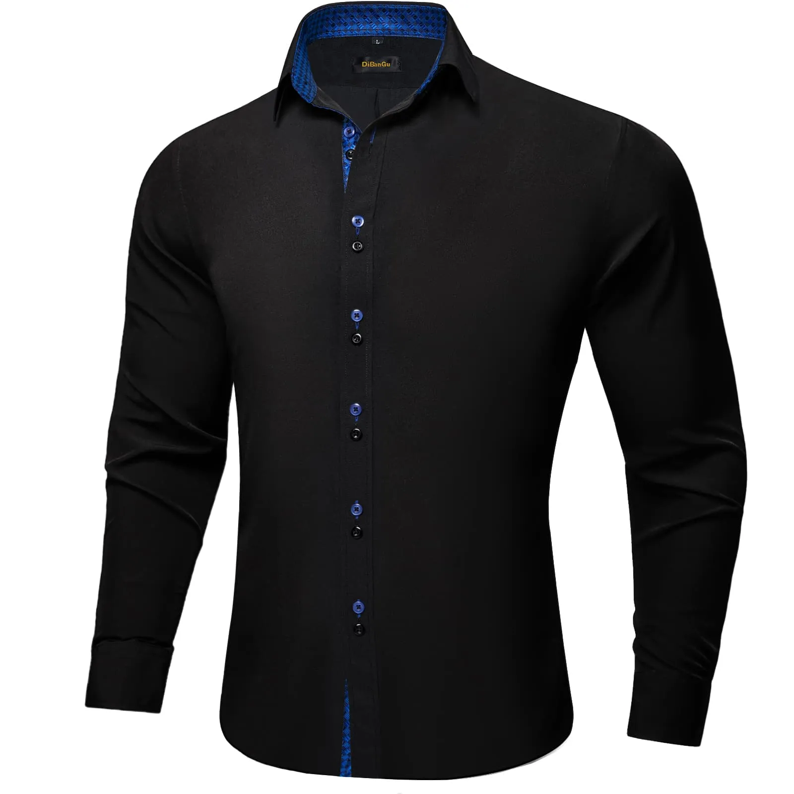 DiBanGu Mens Dress Shirt Black Solid Blue Plaid Splicing Silk Long Sleeve Shirt