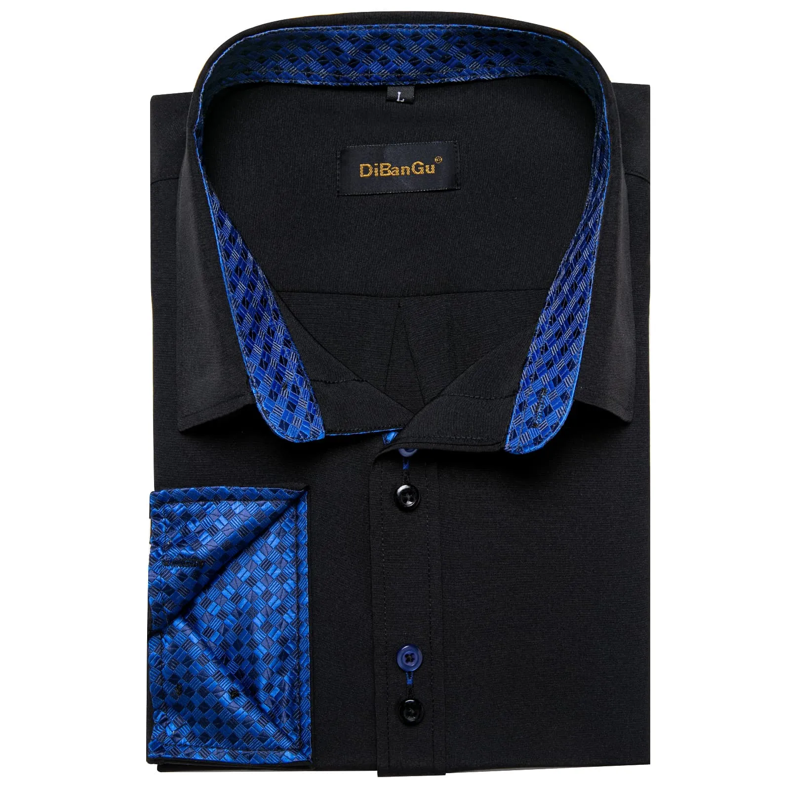 DiBanGu Mens Dress Shirt Black Solid Blue Plaid Splicing Silk Long Sleeve Shirt