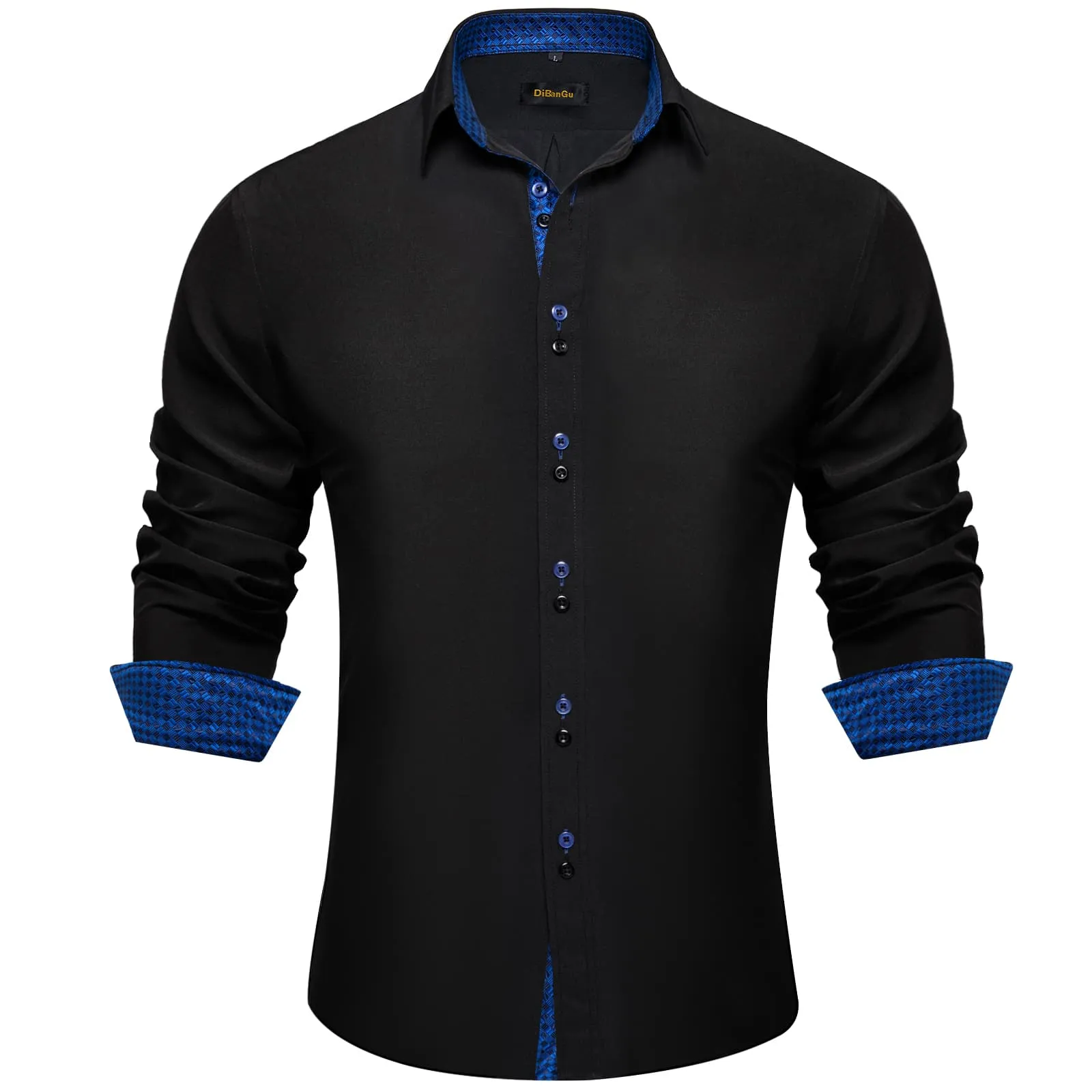 DiBanGu Mens Dress Shirt Black Solid Blue Plaid Splicing Silk Long Sleeve Shirt