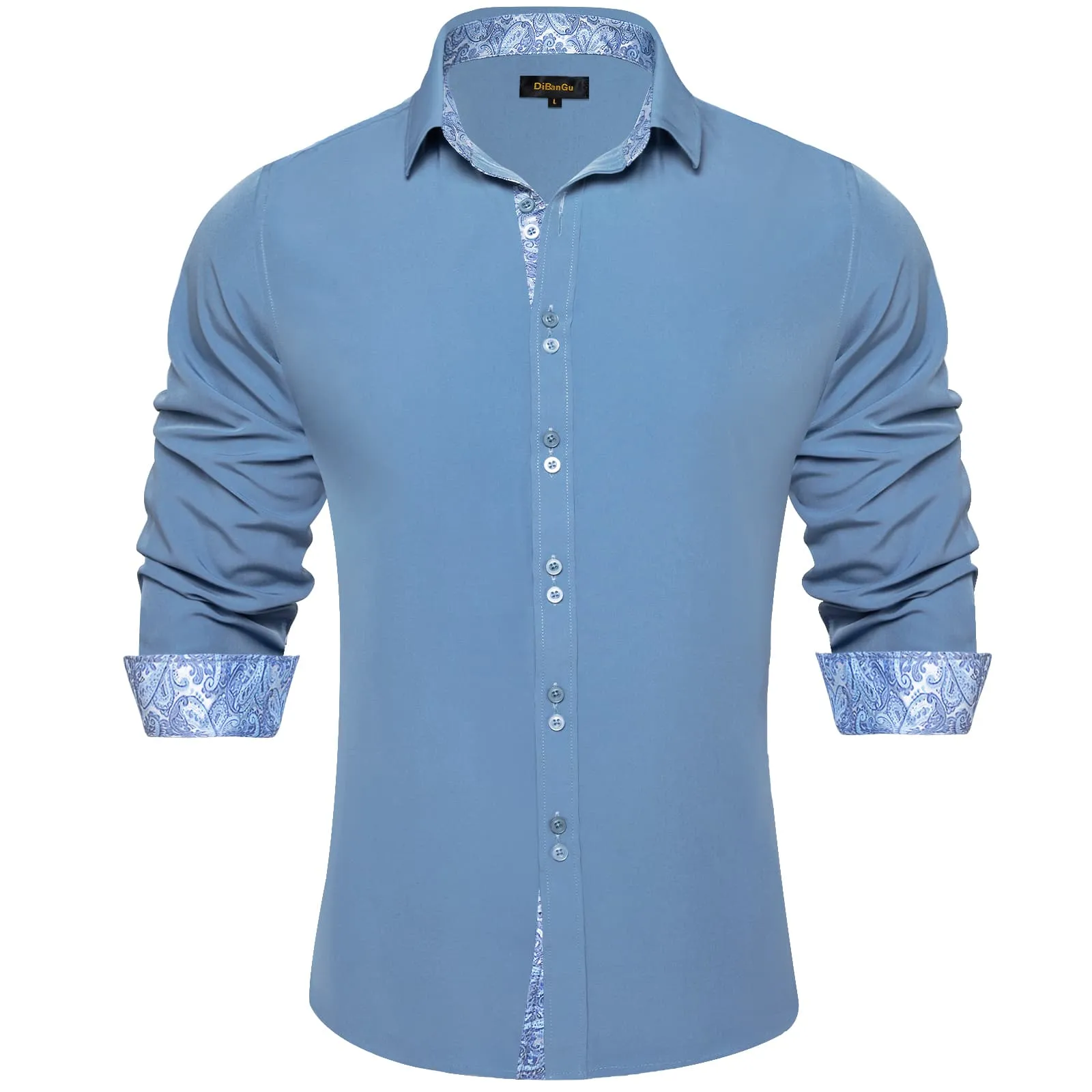 DiBanGu Mens Dress Shirt Solid Arctic Blue Splicing Silk Button Down Shirt