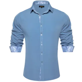 DiBanGu Mens Dress Shirt Solid Arctic Blue Splicing Silk Button Down Shirt