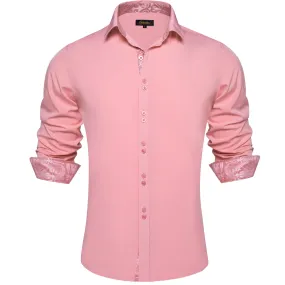 DiBanGu Mens Dress Shirt Solid Light Pink Splicing Silk Button Down Shirt