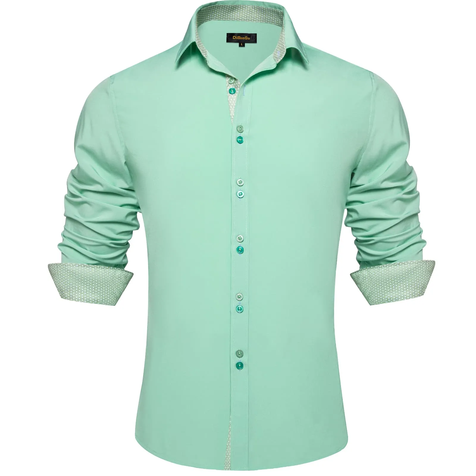 DiBanGu Mens Dress Shirt Solid Mint Green Splicing Silk Button Down Shirt