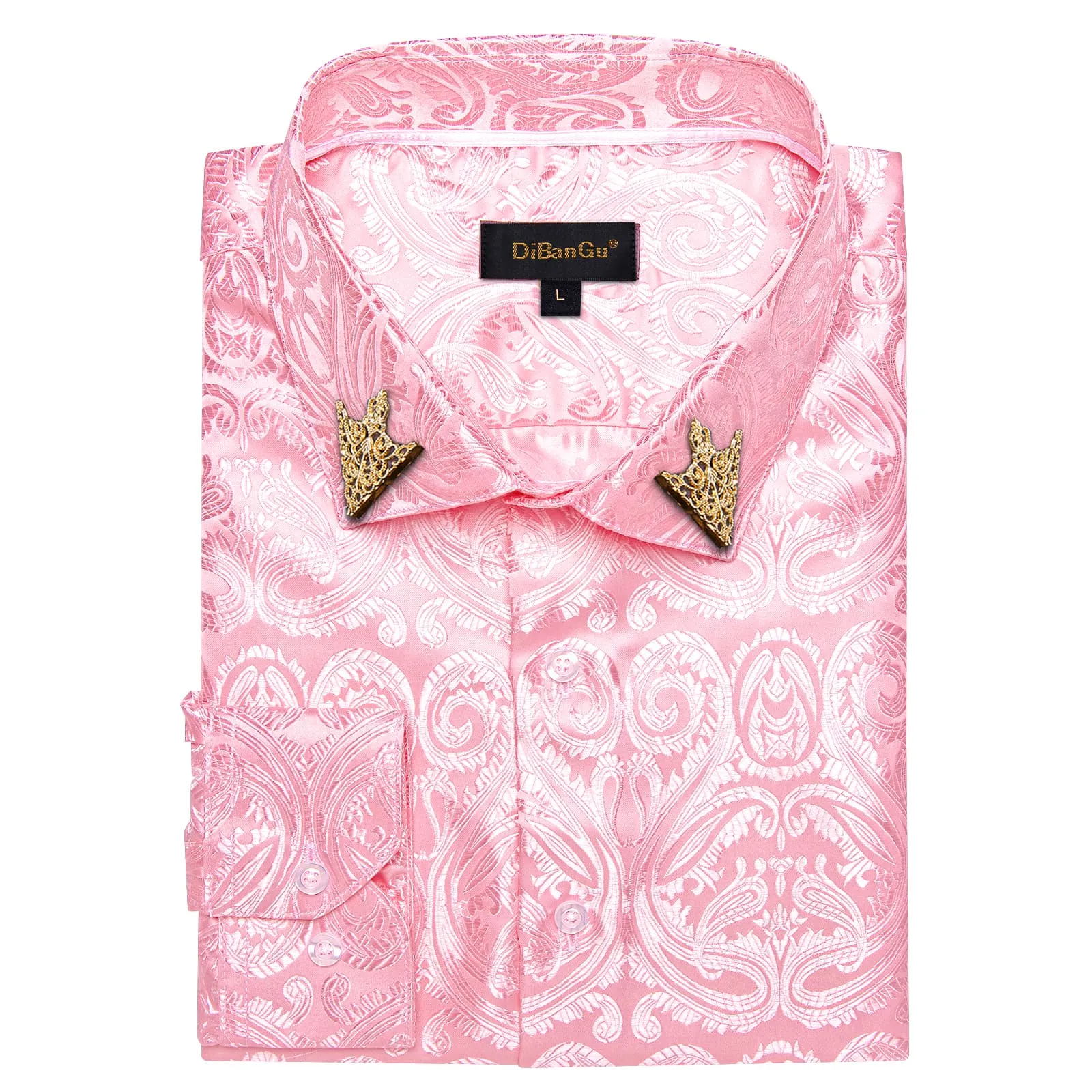 DiBanGu Shirt for Men Light Pink Paisley Long Sleeve Silk Button Up Business Work Shirt