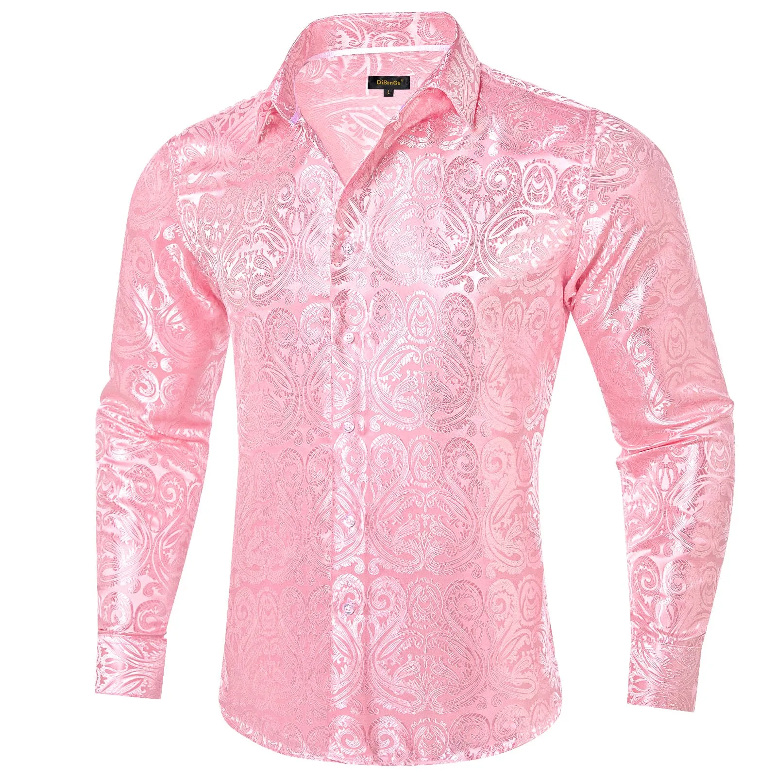 DiBanGu Shirt for Men Light Pink Paisley Long Sleeve Silk Button Up Business Work Shirt