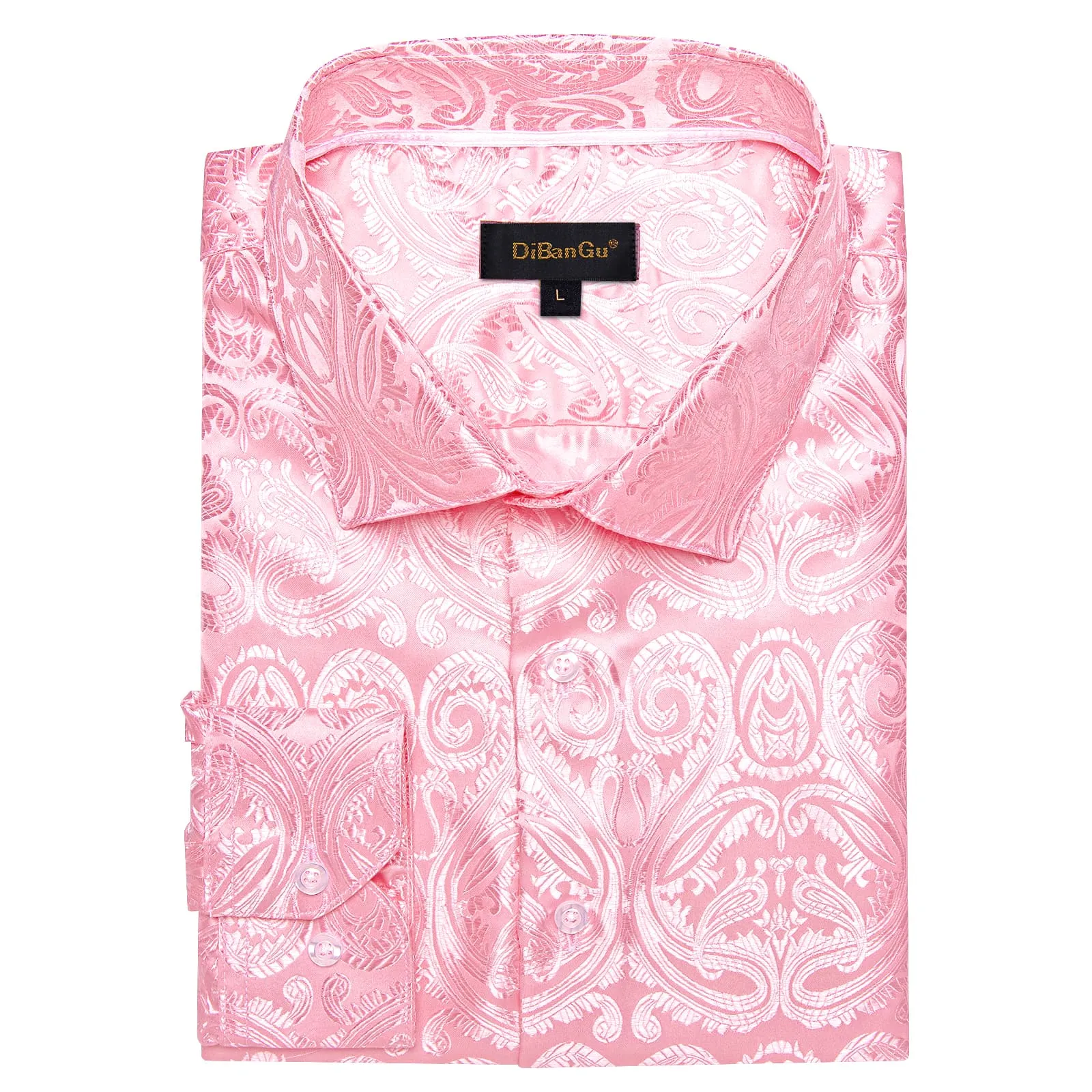 DiBanGu Shirt for Men Light Pink Paisley Long Sleeve Silk Button Up Business Work Shirt