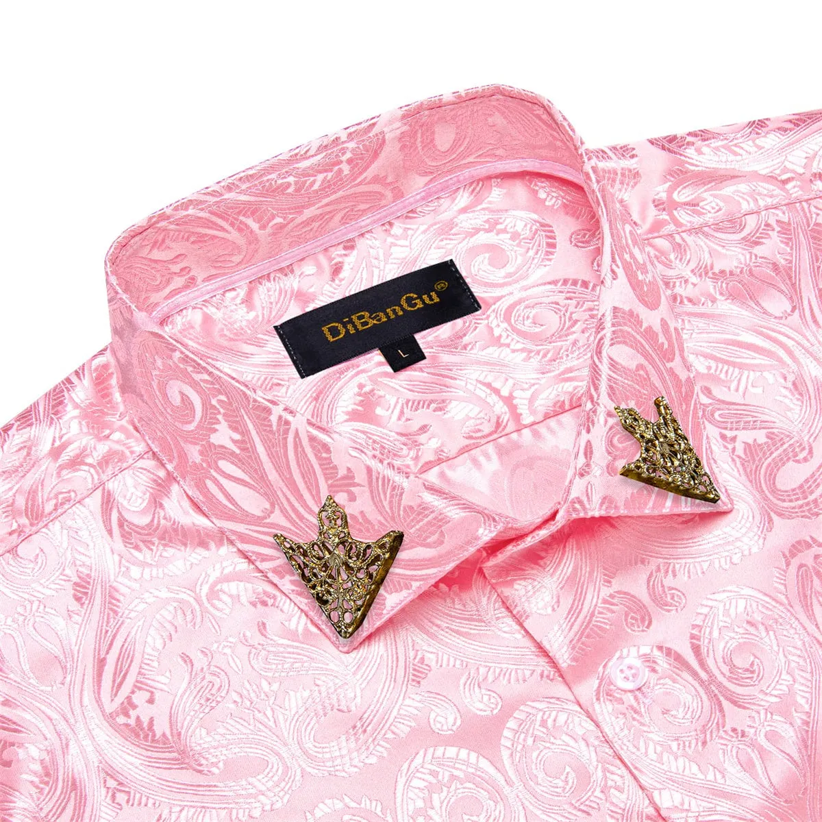 DiBanGu Shirt for Men Light Pink Paisley Long Sleeve Silk Button Up Business Work Shirt