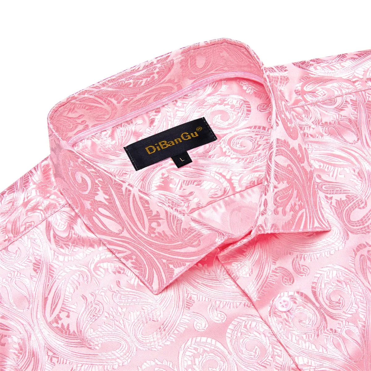 DiBanGu Shirt for Men Light Pink Paisley Long Sleeve Silk Button Up Business Work Shirt