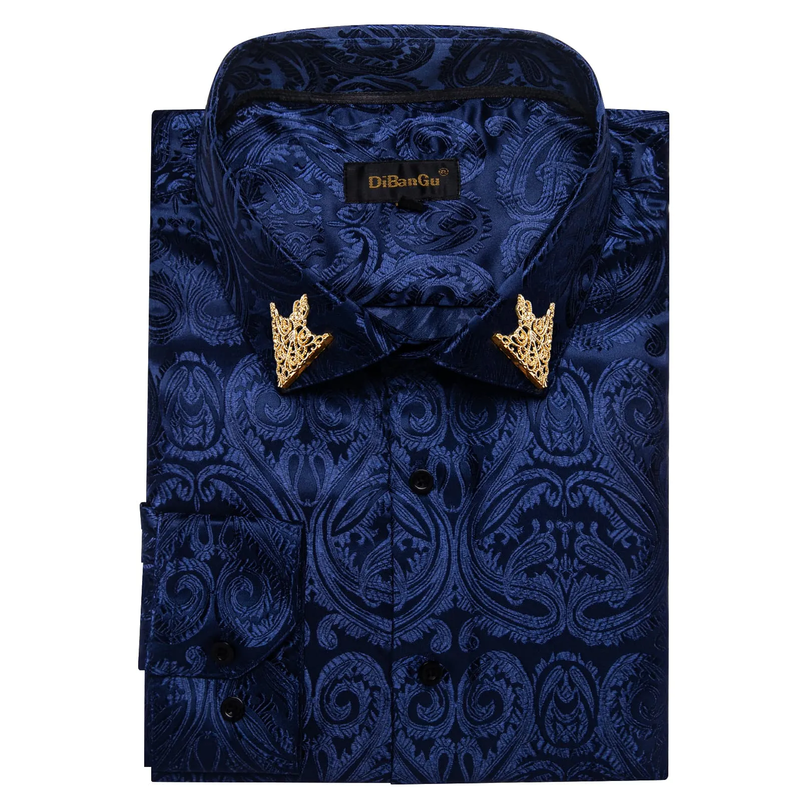 DiBanGu Shirt for Men Oxford Blue Paisley Long Sleeve Silk Button Up Shirt Top